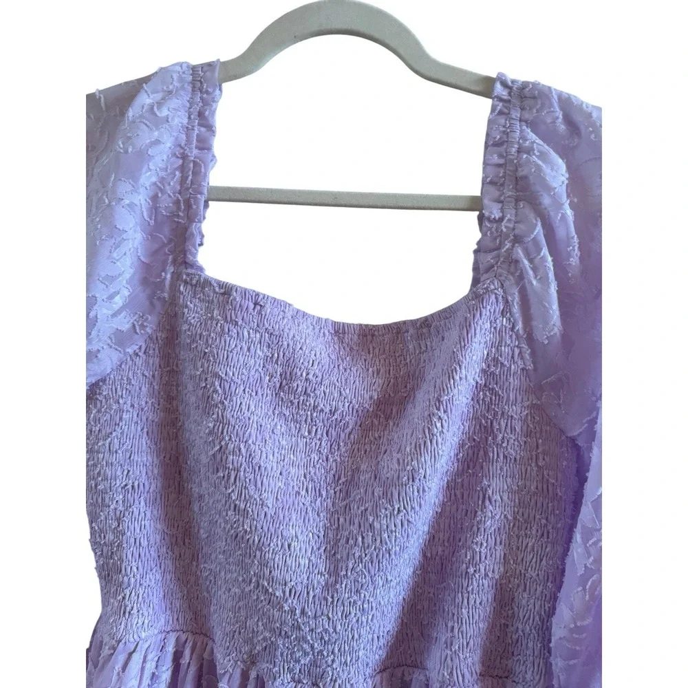 She +Sky Lavender Mini Dress Sz Small Smocked Waist Puff Sleeves *rip on ruffle